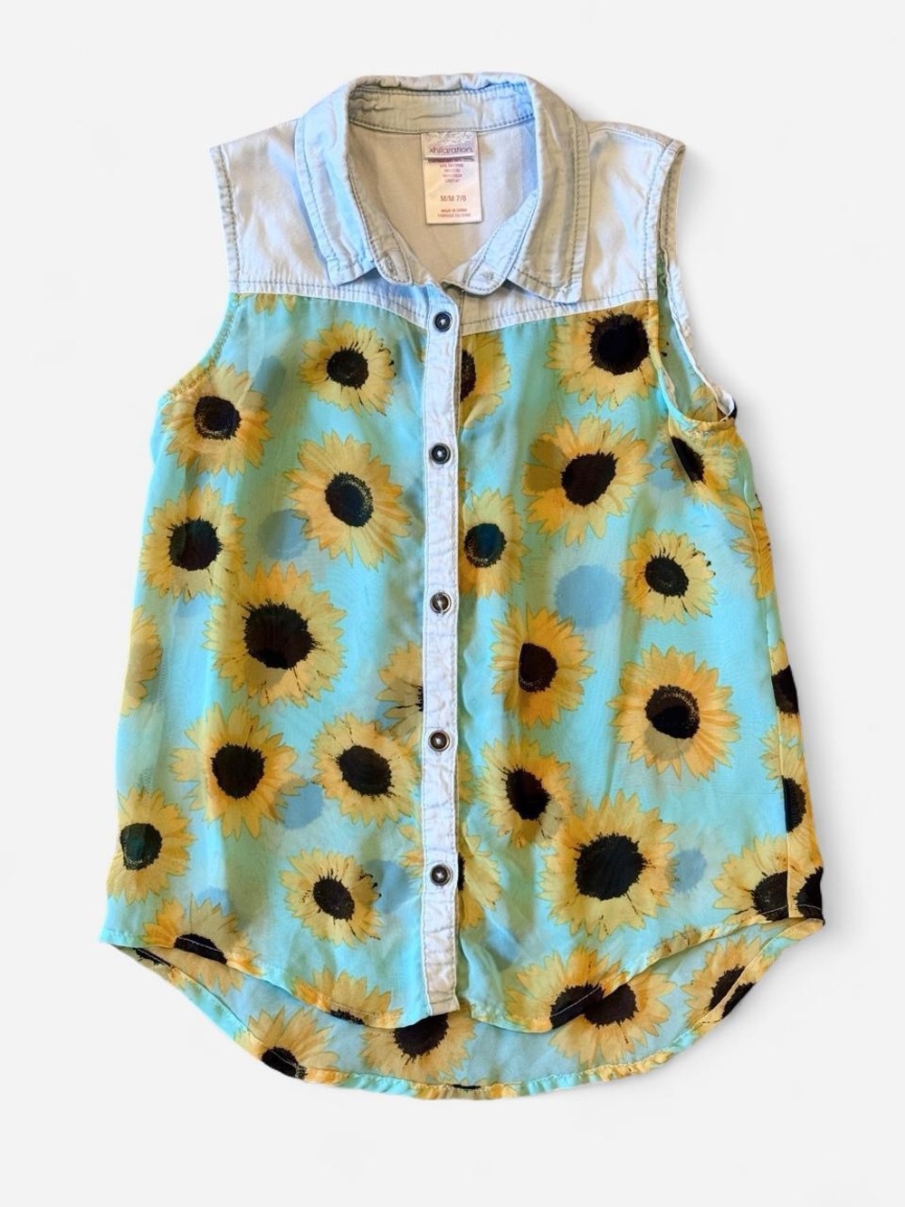 Xhilaration Sunflower Sleeveless Button Front Chambray Blouse Juniors M 7/8